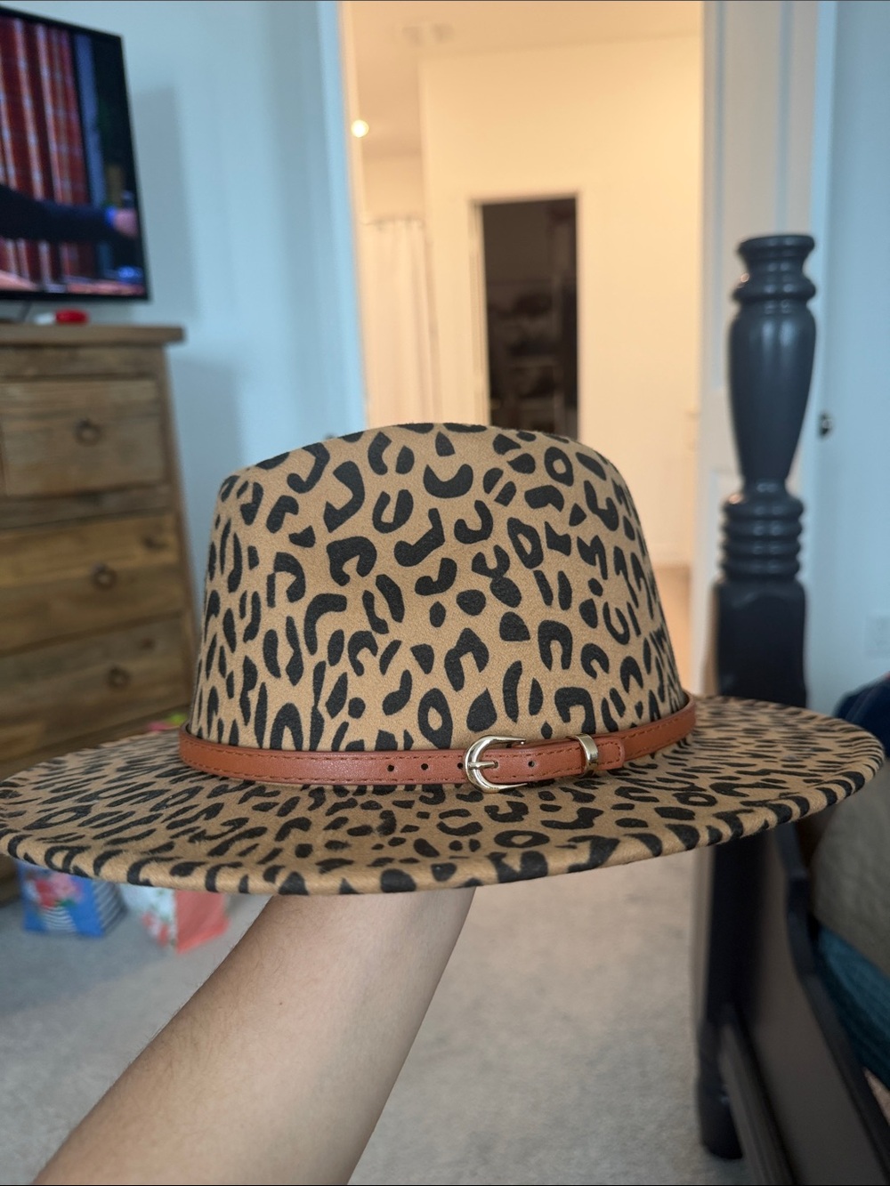 Leopard Print Wide Brim Fedora Hat with Brown Leather Band